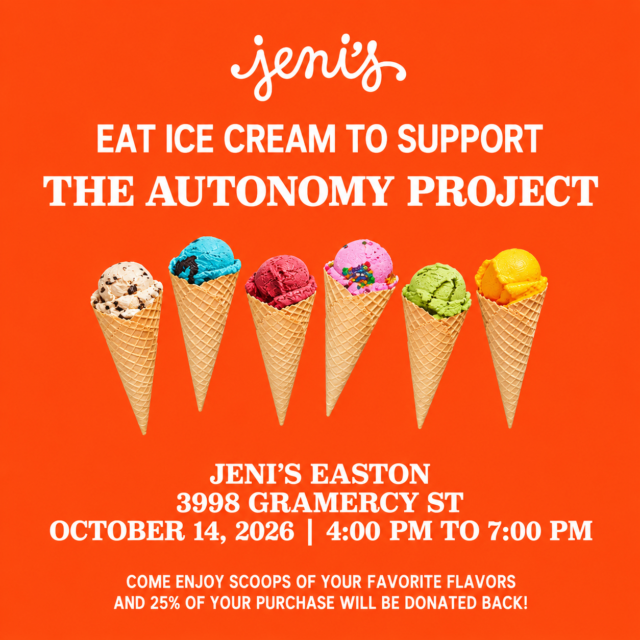 Jeni's at Easton for The Autonomy Project on October 14th 4 to 7 PM ET.
