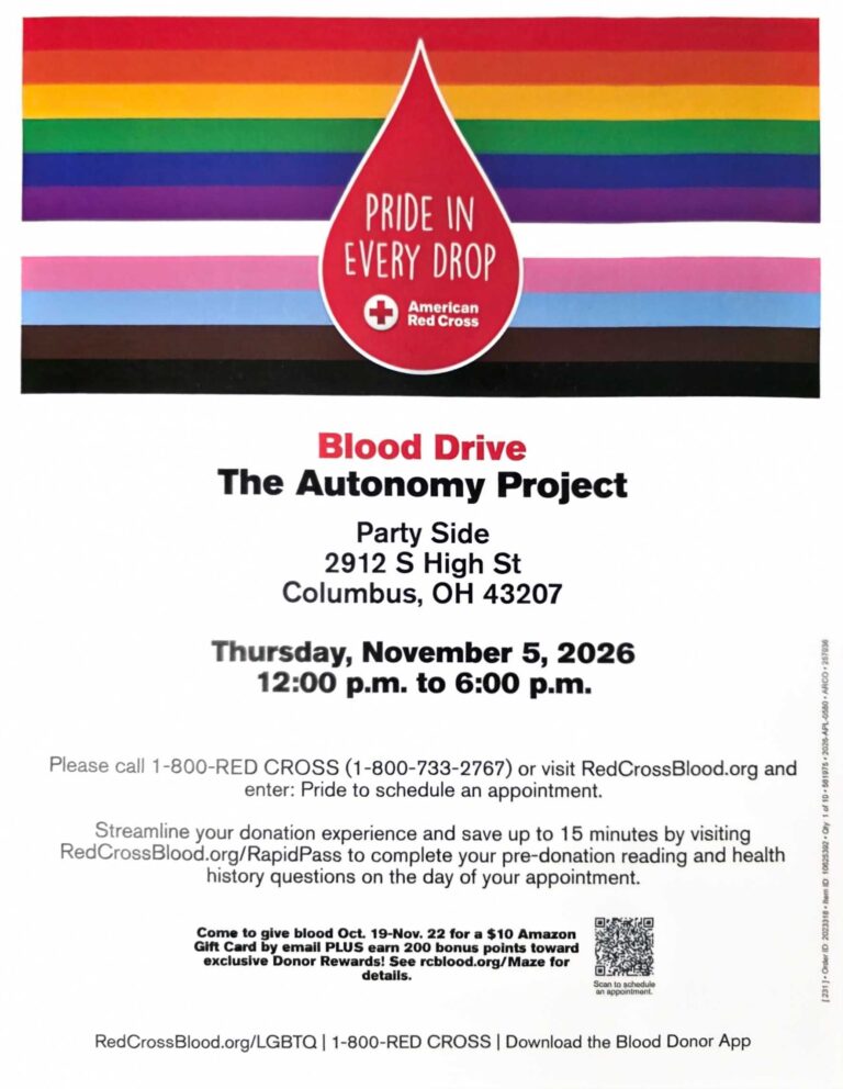 Blood Drive at The Autonomy Project Flyer at 2912 S. High Street on November 5 2026 from Noon to 6 PM, Intersectional Flag with a Pride Drop of Blood Background
